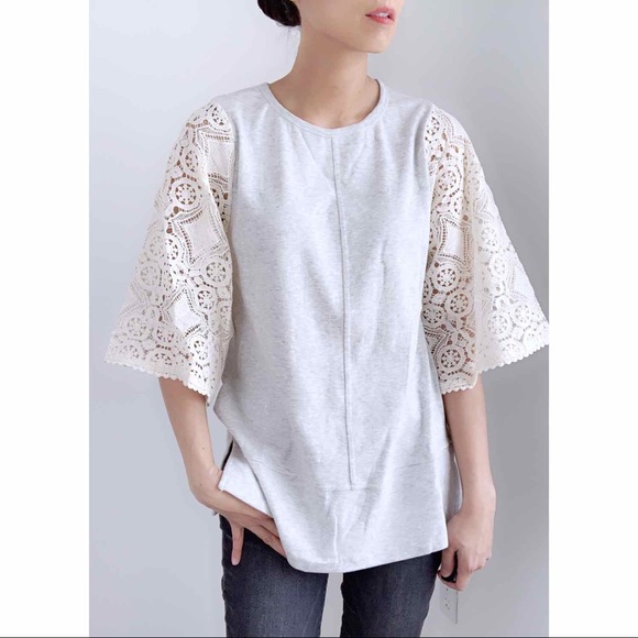 NEW BOHO CROCHETED SLEEVE TOP - WHITE GRAY - Picture 3 of 6